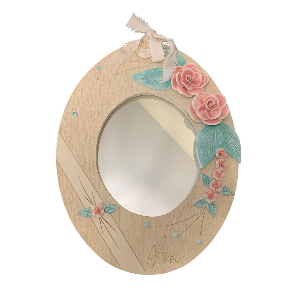 Vintage Cottage Hand Painted Floral Mirror Shabby Chic Signed Pastel Rose Mirror